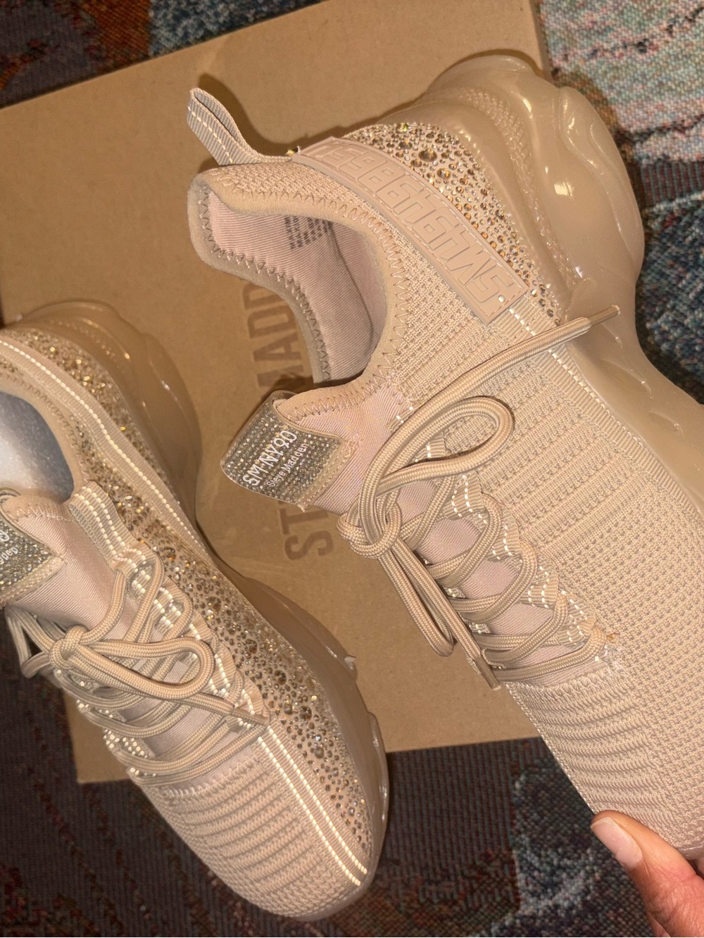 Steve Madden Blush Maxima Tan Knit Sneakers with Crystal Embellishments